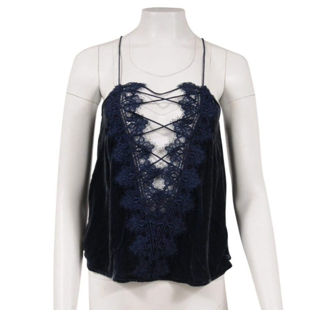 Cami NYC Women Tank Top Small Blue Reversible Velvet Silk Embroider Charlie Lace